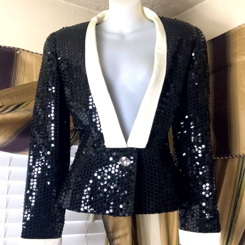 Vintage Fully Sequined Couture Made In USA Women Black And White Blazer Size10